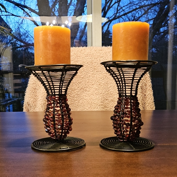 Accents Vintage Black Metal Round Candle Holder Set With Red Beads